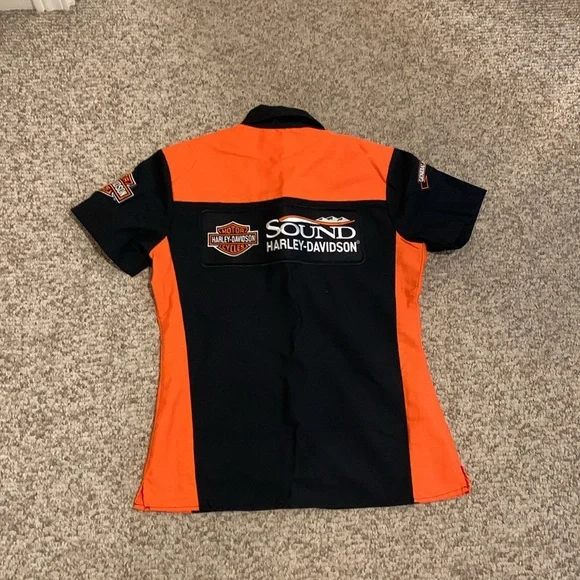 Vtg Harley Davidson genuine work wear button up orange black sexy work shirt XS - Picture 6 of 6